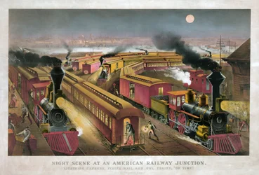 Scena nocna na amerykańskim węźle kolejowym autorstwa Currier & Ives
