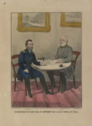 Poddanie się Genl. Lee, w Appomattox C.H. Va. 9 kwietnia. 1865 (litografia kolorowa)