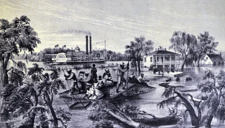 Currier & Ives ilustracja XIX wieku. Wysoka woda w Missisipi