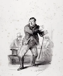 Komicy na scenie. Tabliczka umieszczona w albumie „Les Ficelles Dramatiques unrolled by Berthelier de l’opera comique” (litografia)