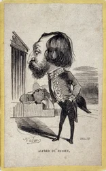 Podopieczny portretowy Alfreda de Musseta (1810-1857), francuskiego poety i dramaturga. Karykatura Gasparda Felixa Tournachona dit Felixa Nadara (1820-1910).