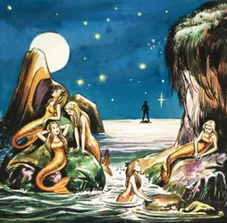 Piotruś i syreny, ilustracja z "Piotrusia Pana" J.M. Barrie (gwasz na papierze)