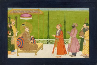 Poeta Sundar Das przed cesarzem Szahdżahanem, Folio z A Sundar Shringar, Ka. 1750-1760.