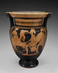 Czerwona figura Krater z terakoty z kolumną ze sceną bitwy, 460-450 pne (terakota)