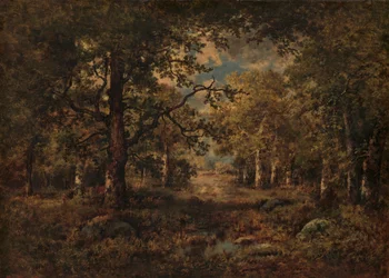 Widok przez drzewa: Fontainebleau, 1873.