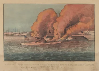 Wspaniała walka między pistoletami Monitor 2 i pistoletami Merrimac 11 – w Hampton Roads marzec..., 1862. Twórcy: Nathaniel Currier, James Merritt Ives, Currier i Ives.