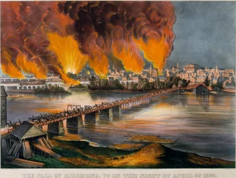 Upadek Richmond w stanie Wirginia w nocy 2 kwietnia 1865, 1865, 1865. Twórcy: Nathaniel Currier, James Merritt Ives, Currier i Ives.