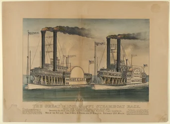 Wielki wyścig parowców Mississippi – z Nowego Orleanu do St. Louis, lipiec 1870 – między t..., 1872-74. Twórcy: Nathaniel Currier, James Merritt Ives, Currier i Ives.