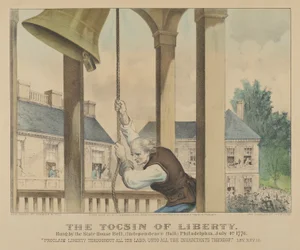 The Tocsin of Liberty-Rung by the State House Bell, Independence Hall Philadelphia, lipiec..., 1876. Twórcy: Nathaniel Currier, James Merritt Ives, Currier and Ives.