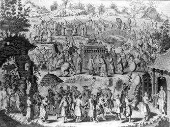 Procesja panny młodej wracającej do domu do męża, ilustracja z „Nowej ogólnej kolekcji podróży i podróży”, opracowanej przez Johna Greena, 1747