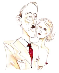 Adolf Hitler ze swoją kochanką Evą Braun - barwna karykatura