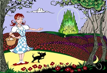 „Wspaniały czarnoksiężnik z krainy Oz”: Dorothy i Toto na drodze z żółtej cegły w drodze do Szmaragdowego Miasta