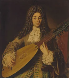 Portret muzyka, prawdopodobnie Petruccio, w połowie długości, grającego na teorbo