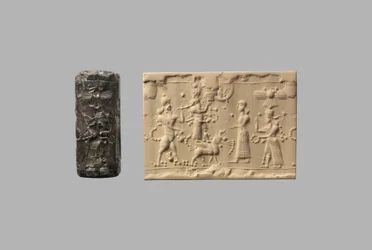 Pieczęć cylindryczna z odciskiem człowieka-skorpiona i współczesną, ok. VIII–VII w. p.n.e. (kwarc, kryptokrystaliczny)