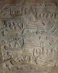 Mezopotamia w epoce neoasyryjskiej (ok. 1000-612 pne): „”Wyprawa morska, transport drewna z Libanu wzdłuż wybrzeża fenickiego, załadunek łodzi”””VIII wpne. Z Khorsabad (Khunsabad) Paryż, Musee du Louvre