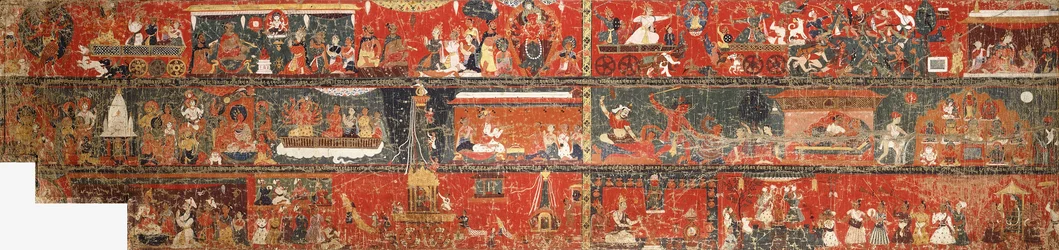Duży nepalski obraz historyczny przedstawiający wersję legendy Czerwonej Awalokiteśwary, 1712 r