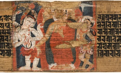 Folio 126b Budda zstępujący z nieba, z Astasahasrika Pradżniaparamita (tusz i kolory na liściach palmowych i drewnie) (detal z 430762)
