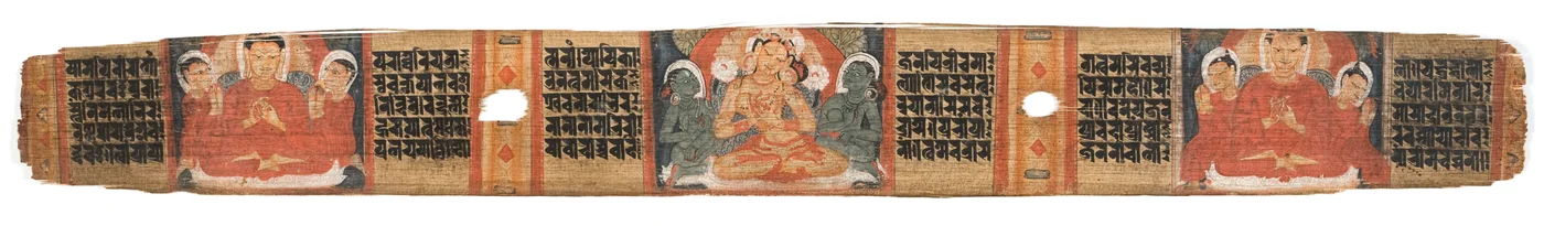 Folio 2r Bogini Prajnaparamita, z Astasahasrika Prajnaparamita (atrament i kolory na liściach palmowych i drewnie) (szczegóły patrz 430761)