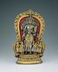 Jatamukuta Lokesvara, królestwo Khasa Malla (1100-1484) (paczka złocona, stop miedzi i pigment)