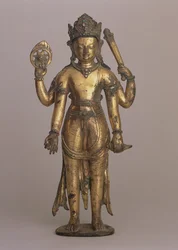 Statuetka hinduskiego boga Wisznu, ok. 1200 (brąz miedziany, ryty, złocony, wysadzany kamieniami i malowany)