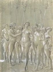 Pięciu nagich żołnierzy trzymających kijki, dwóch w hełmach i trzy nagie kobiety, 1522