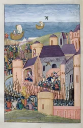 Ms 324 f.324 przeciwko Minos oblega Megarę. Scylla zdradziecko obcina włosy ojcu i ucieka, z Metamorfozy 8 Owidiusza, 1479