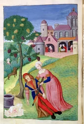 Ms 324 f.44 v. Alcithoe, Pyramus i Thisbe, Morwa zmienia kolor, z Metamorfozy Owidiusza, 1479