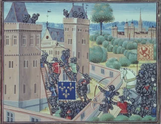 Royal 18 E.1 fol.345 Zdobycie zamku Wark przez Francuzów i Szkotów, z księgi II „Chroniques de France et d