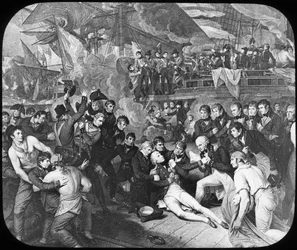Admirał Lord Nelson ranny w bitwie pod Trafalgarem, 1805 r
