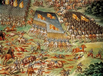 Bitwa pod Saint-Quentin, w której Hiszpanie odnieśli zwycięstwo nad Francuzami w 1557 roku podczas wojen włoskich, detal z atakiem kawalerii