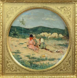 Talerz malowany z postaciami pasterzy, pędzla Niccolo Cannicci, ok. 1880 r., olej na płycie z terakoty