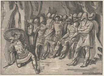 Ajax w lewym dolnym rogu trzymający w górze tarczę, po prawej stoi Agamemnon otoczony przez jego..., 1540-50.