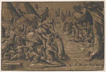 Cloelia rzymska bohaterka w centrum wsiadana na konia, Rzym w tle,..., 1540-50