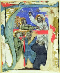 Historyczny inicjał „A” przedstawiający Niedowierzanie św. Tomasza, c.1370