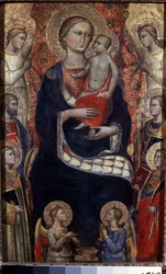 Madonna z Dzieciątkiem ze świętymi i aniołami. Madonna z Dzieciątkiem, Świętymi i Aniołami. Obraz Niccolo di Pietro Gerini (około 1350-1415). Sztuka florencka, średniowiecze. Tempera na drewnie. Ermitaż, Sankt Petersburg
