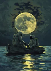 Para astronautów nad wodami w blasku księżyca