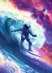 Astronauta surfujący na kosmicznej fali