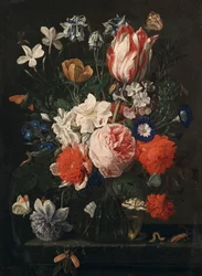 Róża, tulipan, powój i inne kwiaty w szklanym wazonie na kamiennej półce, 1671