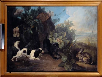Dwa psy i królik Obraz Nicolasa Desportesa dit le Nepheu (1718-1787) 1757 nd. 0,97x1,3 m Paryż, Musee du Louvre