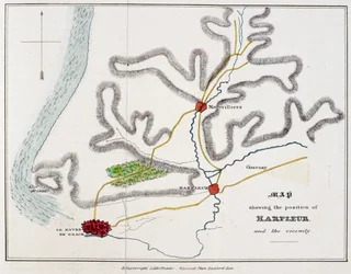 „Mapa przedstawiająca położenie Harfleur i okolice”, ilustracja z „Historii bitwy pod Agincourt i wyprawy Henryka Piątego do Francji...”