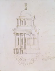 Elewacja, przekrój i plan niezrealizowanego baptysterium dla katedry św. Pawła, ok. 1711-12 (pranie piórem i tuszem na papierze)