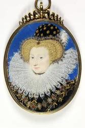 Pani tradycyjnie identyfikowana jako Anne, Lady Hunsdon (akwarela i farba do ciała na welinie)
