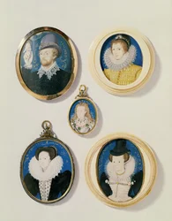 Miniatury, od L do R, T do B: Człowiek z ręką z chmury; Nieznany młody człowiek, 1588; pani Holland lat 26, 1593; Arabella Stuart, księżna Lennox; Nieznana Pani