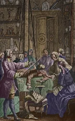 Eksperyment elektryczny wykonany na człowieku przez Abbe Jean Antoine Nollet (1700-70) w gabinecie fizyka, frontispisowa ilustracja z Essai sur lelectricite des corps autorstwa Nolleta, opublikowana 1746, rytowana przez