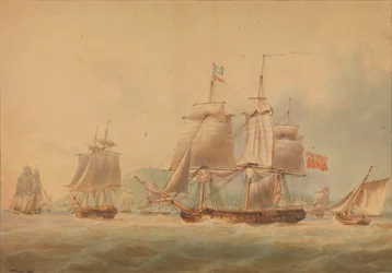 Wypływający konwój w towarzystwie fregaty [prawdopodobnie "Triton" (1796)].