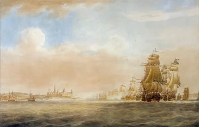 Brytyjska flota u wybrzeży zamku Kronborg w Elsinore, 28 marca 1801 r. [przed bitwą o Kopenhagę]