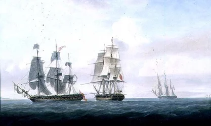 Hiszpańska fregata "La Fama", która wyprzedziła "Meduzę", nawiązuje walkę z H.M.S. "Lively" i poddaje się, ok. 1806 (olej na płótnie)