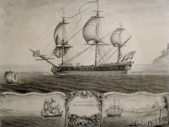 Widok fregaty Blandford podczas podróży do Indii Zachodnich i handlu na wybrzeżu Afryki, ok. 1760 r. (pióro i tusz, malowanie)