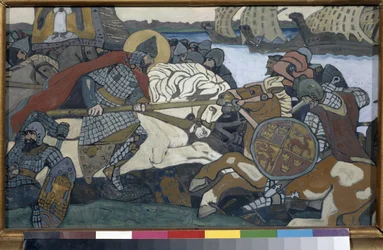 Aleksander Newski (1220-1263) uderzający Birger Jarl (1210-1266) (lub Birger Magnusson z Bjalbo). Odcinek bitwy nad Newą (1240). Praca Nicolasa Roericha (1874-1947), gwasz na tekturze