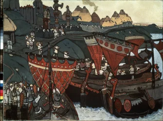 Słowianie nad Dnieprem: Waregowie (lub Rusi) pożyczający rzekę (Słowianie nad Dnieprem). Praca Mikołaja Roericha (1874-1947), tempera i pastel na tekturze